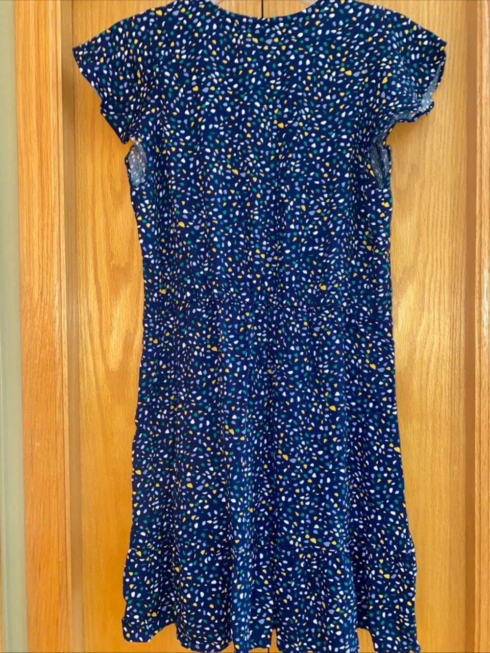 Banana Republic Mini Dress Sz M Blue Confetti Geometric Print Cap Sleeve Ruffle